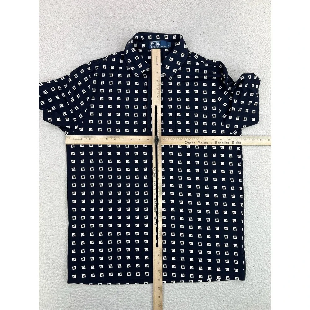 Polo Ralph Lauren Mens Large Blue Geometric Cotton Jersey Knit Polo Shirt